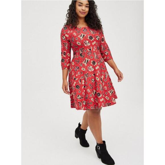 Torrid Skater Dress Plus Size 2X Red Tattoo Print Rockabilly Pinup 3/4 Sleeve - Picture 1 of 7